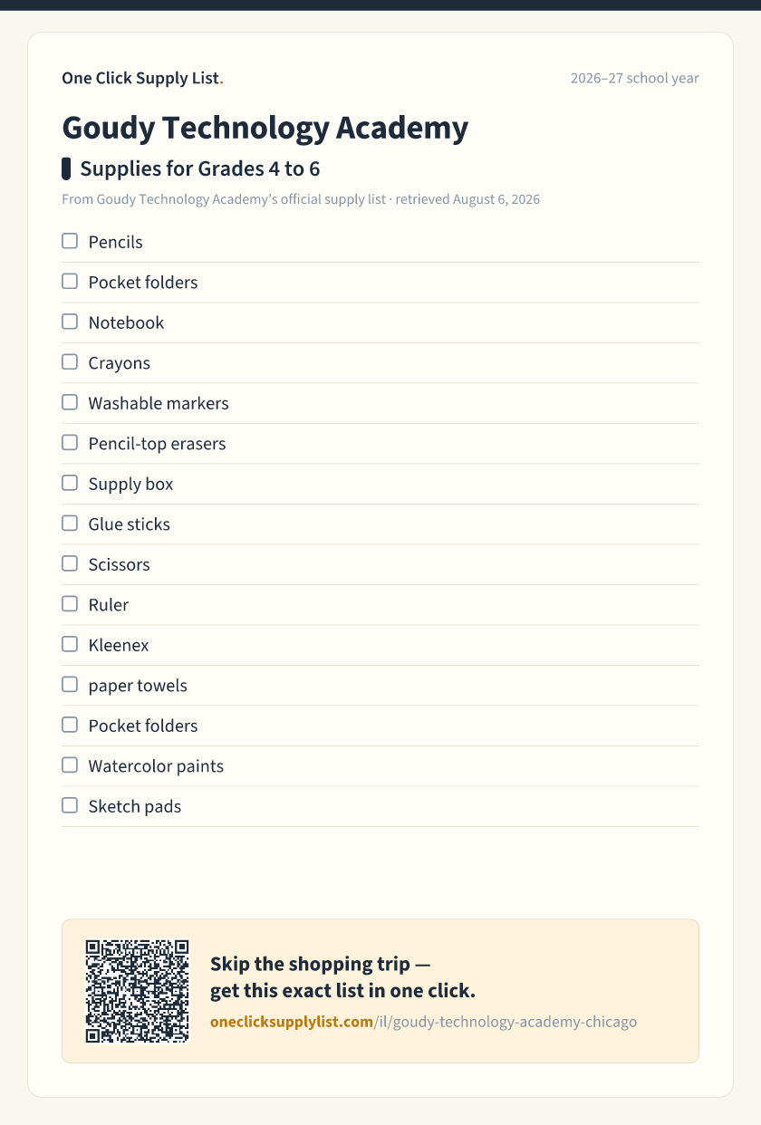 Goudy Technology Academy Supplies for Grades 4 to 6 supply list — printable image