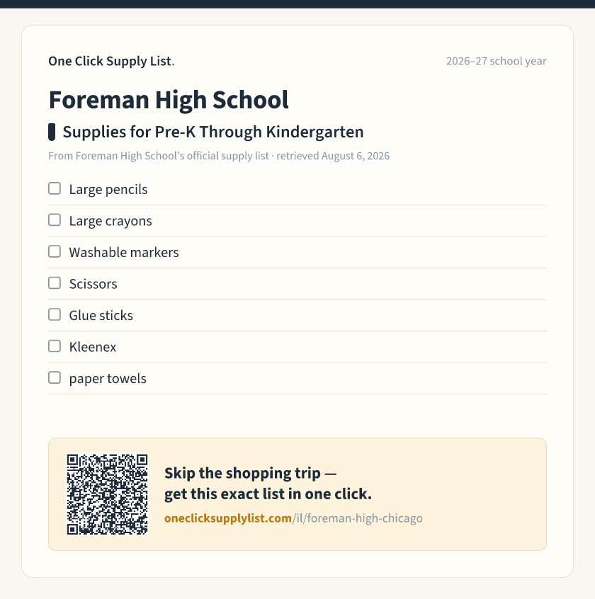 Foreman High School Supplies for Pre-K Through Kindergarten supply list — printable image