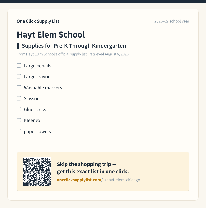 Hayt Elem School Supplies for Pre-K Through Kindergarten supply list — printable image