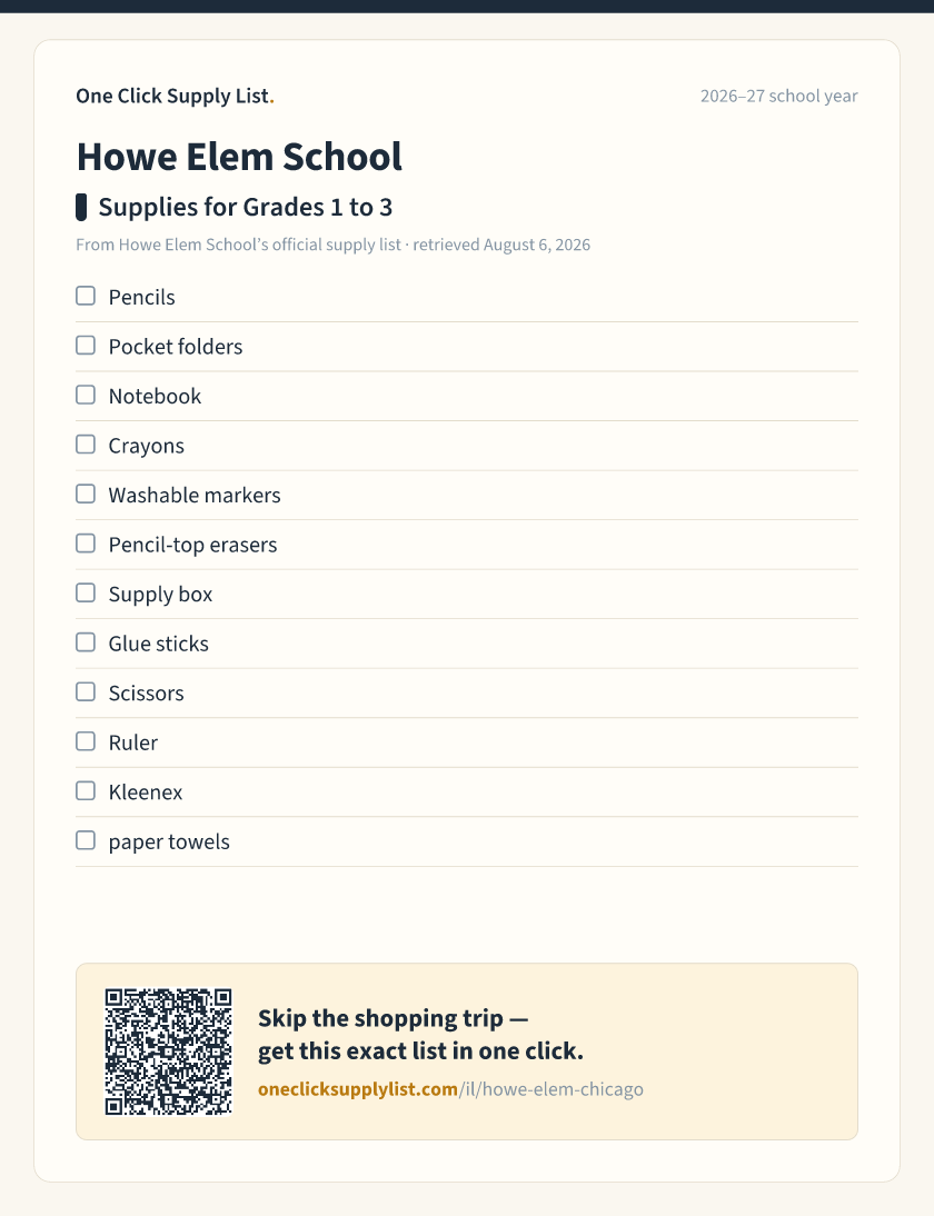 Howe Elem School Supplies for Grades 1 to 3 supply list — printable image