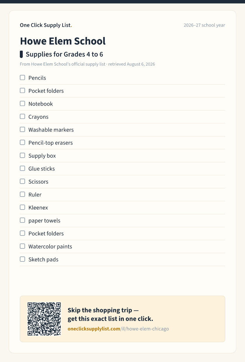 Howe Elem School Supplies for Grades 4 to 6 supply list — printable image