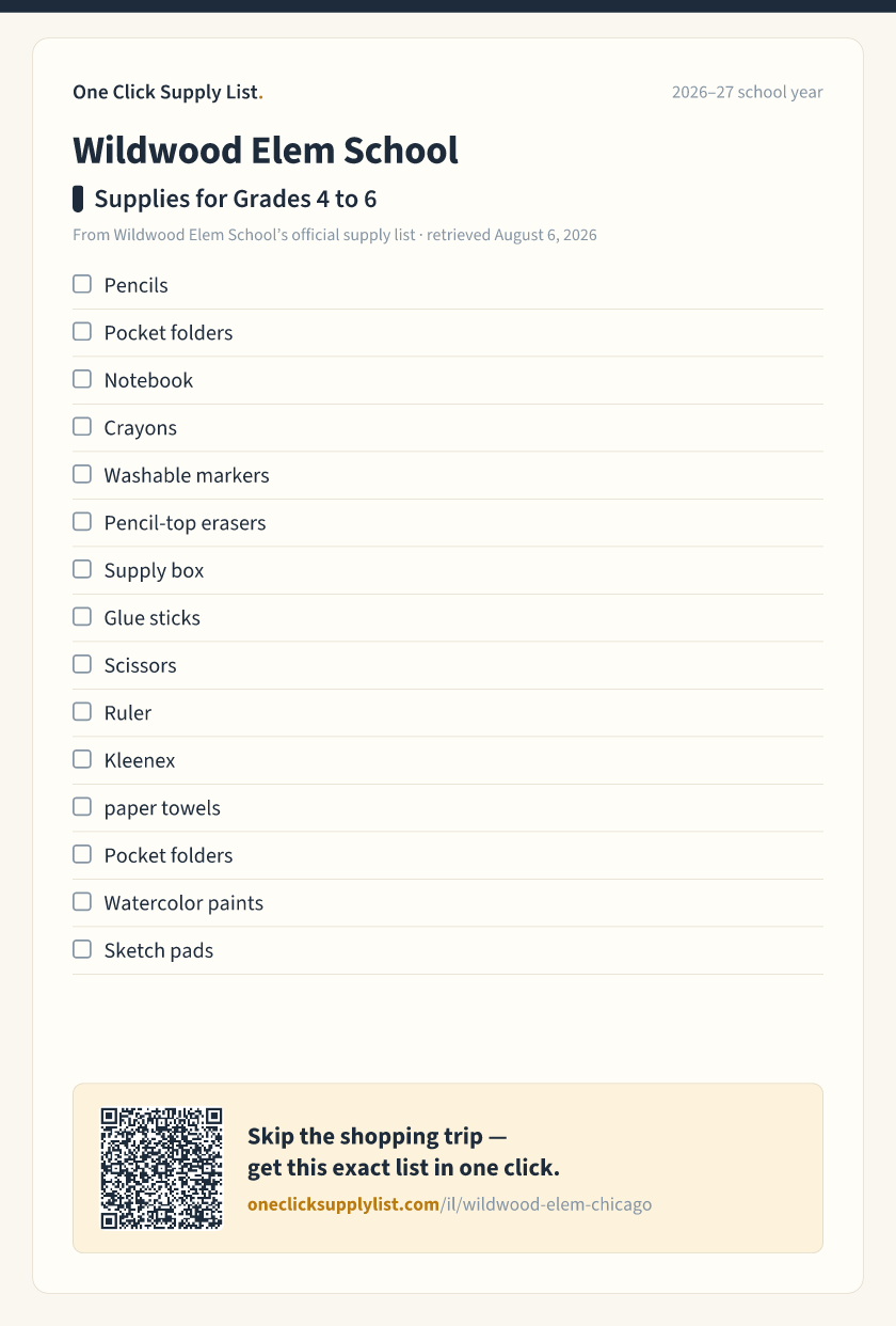 Wildwood Elem School Supplies for Grades 4 to 6 supply list — printable image