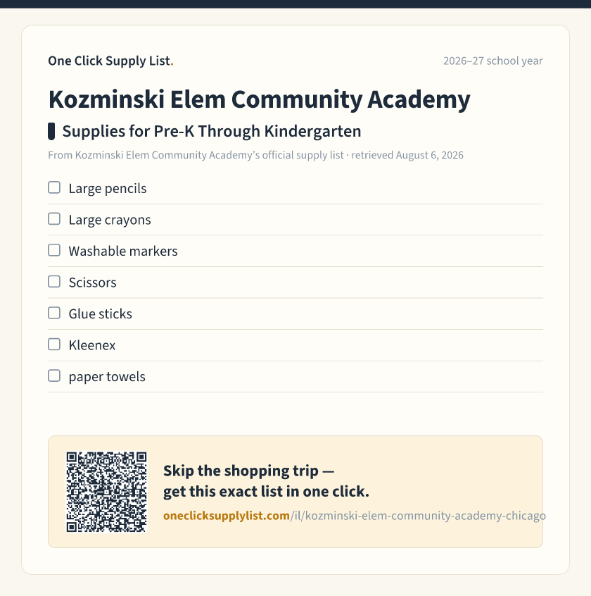 Kozminski Elem Community Academy Supplies for Pre-K Through Kindergarten supply list — printable image