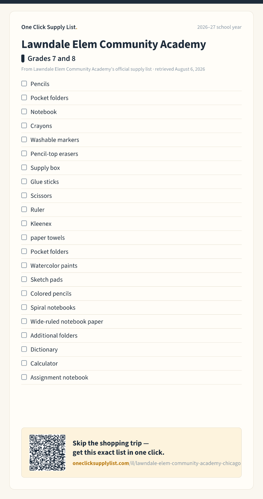 Lawndale Elem Community Academy Grades 7 and 8 supply list — printable image