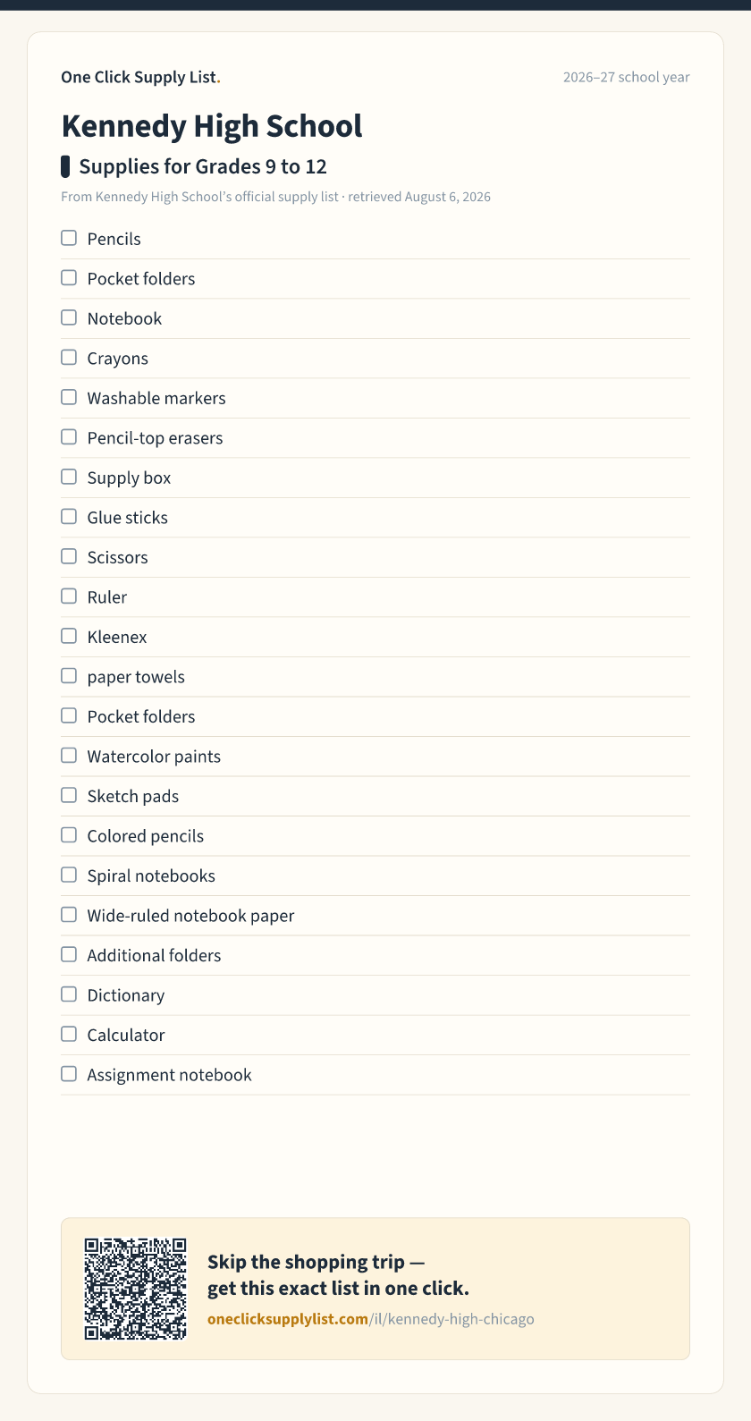 Kennedy High School Supplies for Grades 9 to 12 supply list — printable image