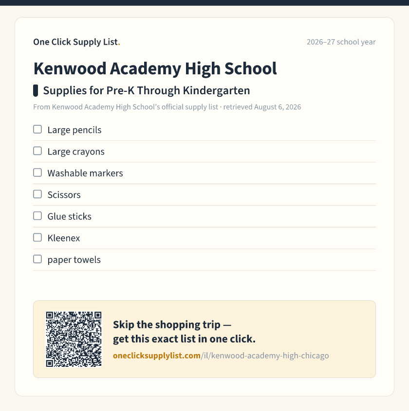 Kenwood Academy High School Supplies for Pre-K Through Kindergarten supply list — printable image