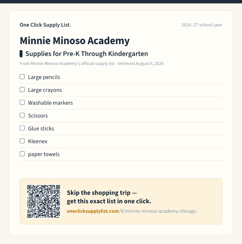 Minnie Minoso Academy Supplies for Pre-K Through Kindergarten supply list — printable image