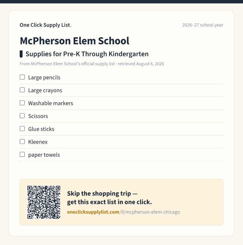McPherson Elem School Supplies for Pre-K Through Kindergarten supply list — printable image