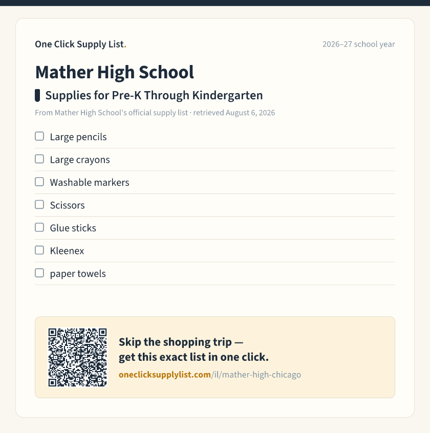 Mather High School Supplies for Pre-K Through Kindergarten supply list — printable image