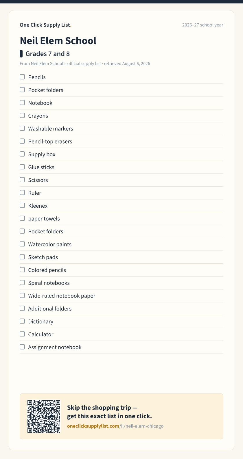Neil Elem School Grades 7 and 8 supply list — printable image