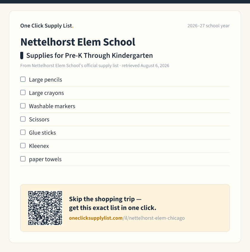 Nettelhorst Elem School Supplies for Pre-K Through Kindergarten supply list — printable image