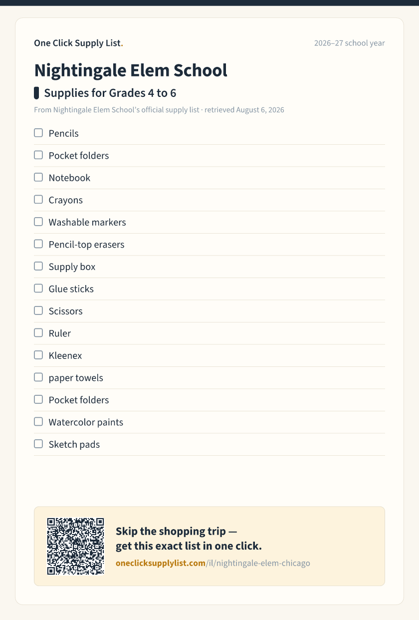 Nightingale Elem School Supplies for Grades 4 to 6 supply list — printable image
