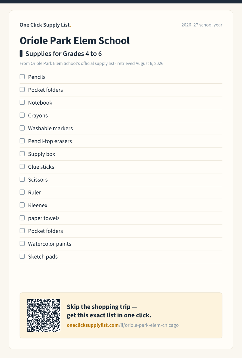 Oriole Park Elem School Supplies for Grades 4 to 6 supply list — printable image