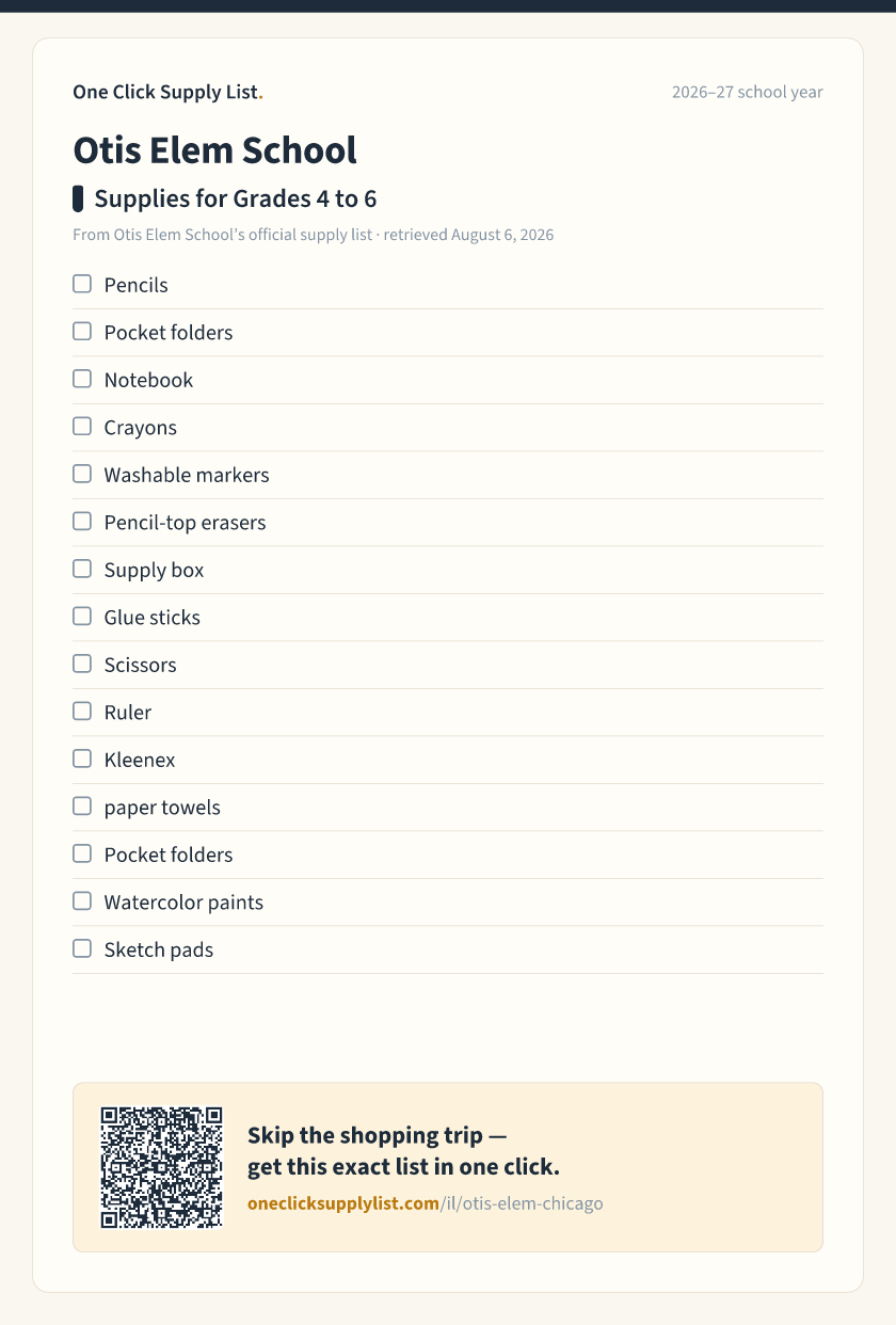 Otis Elem School Supplies for Grades 4 to 6 supply list — printable image