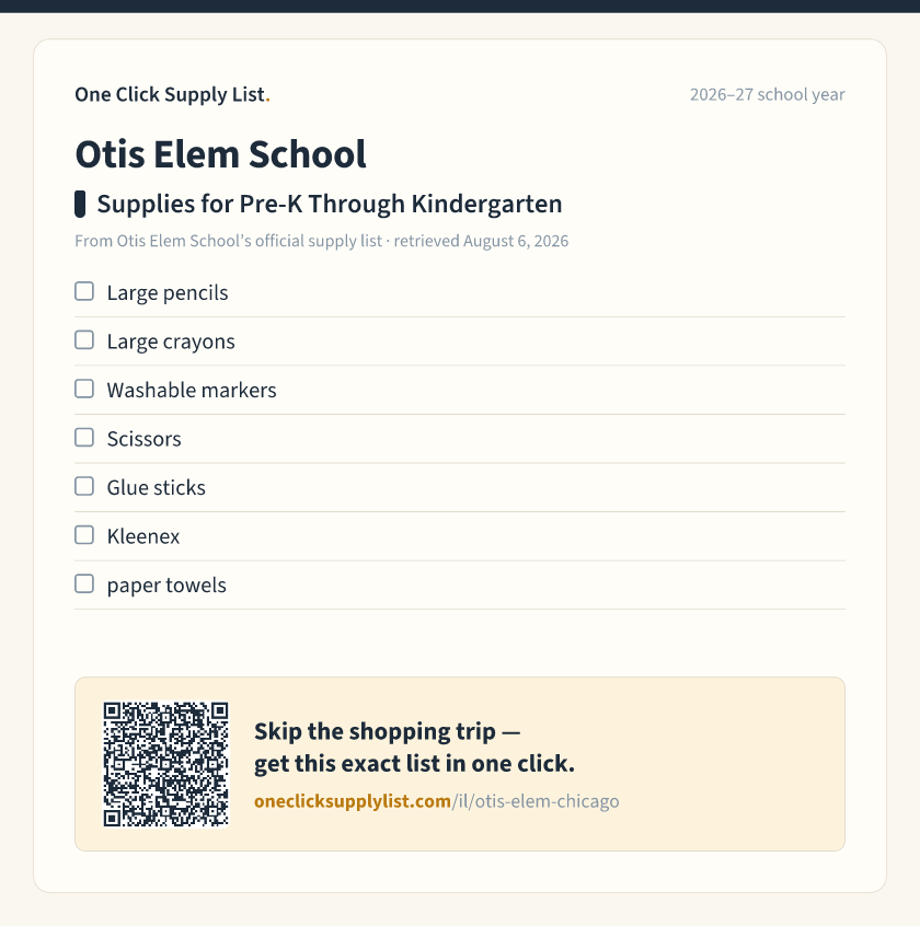 Otis Elem School Supplies for Pre-K Through Kindergarten supply list — printable image