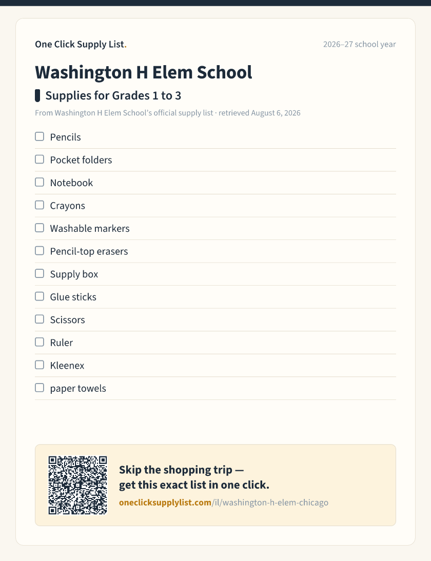 Washington H Elem School Supplies for Grades 1 to 3 supply list — printable image