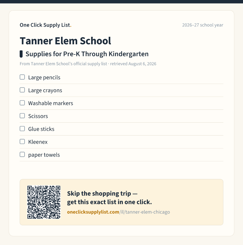 Tanner Elem School Supplies for Pre-K Through Kindergarten supply list — printable image