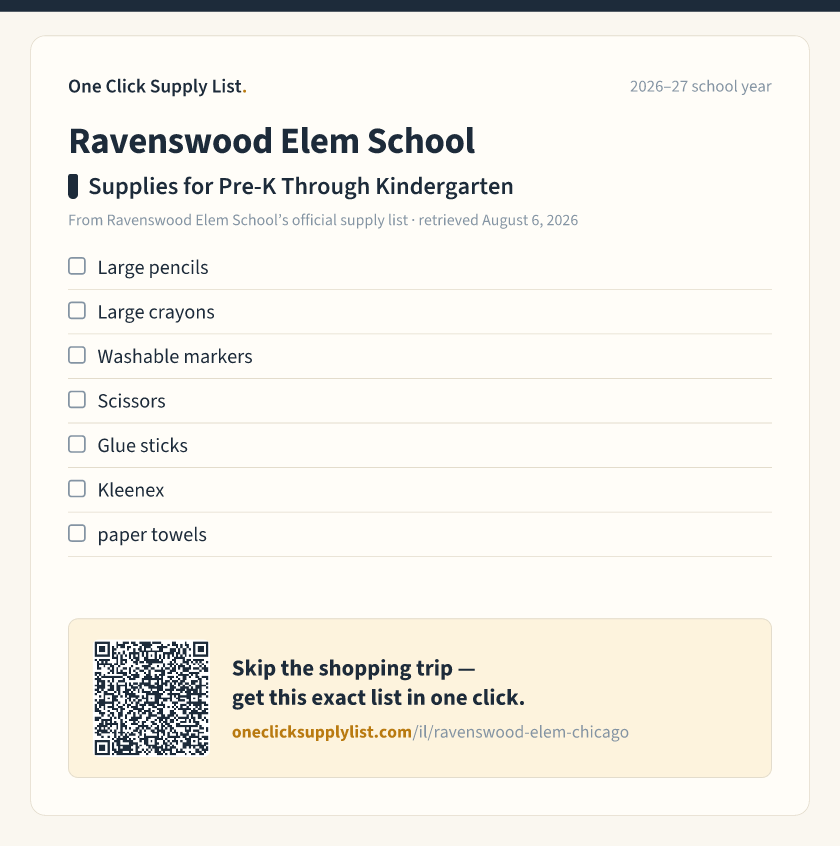 Ravenswood Elem School Supplies for Pre-K Through Kindergarten supply list — printable image