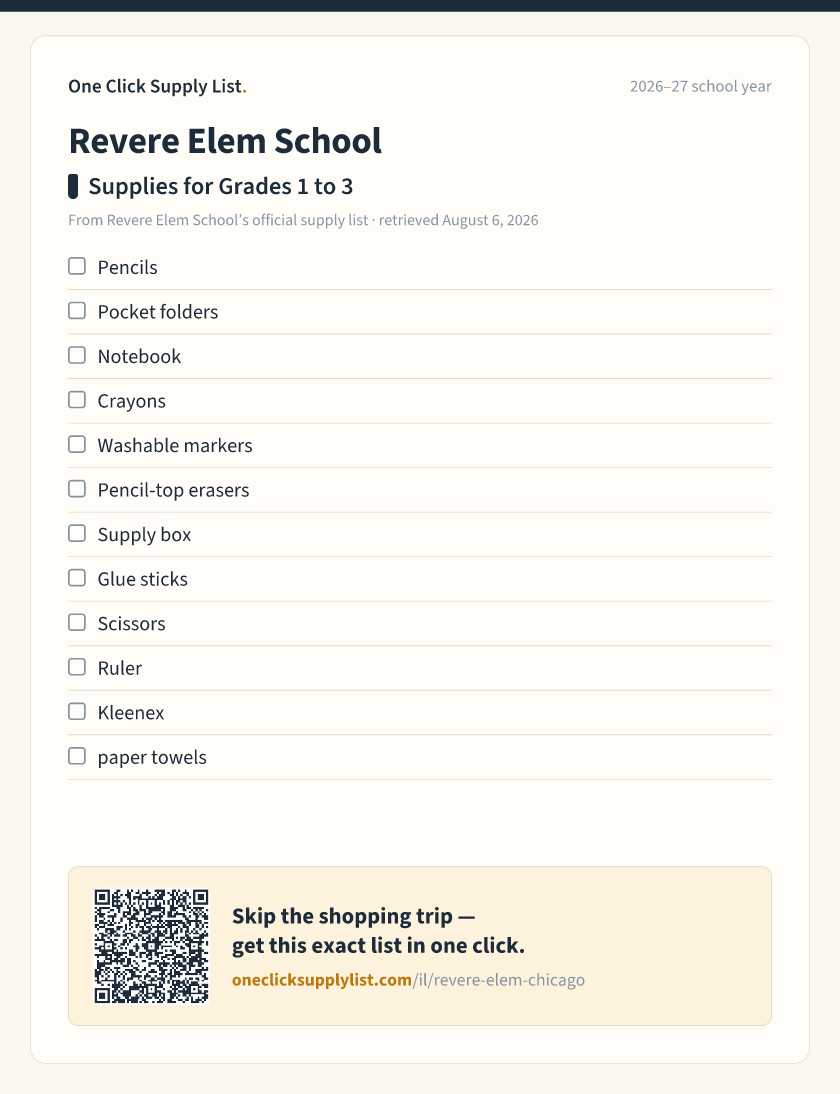 Revere Elem School Supplies for Grades 1 to 3 supply list — printable image