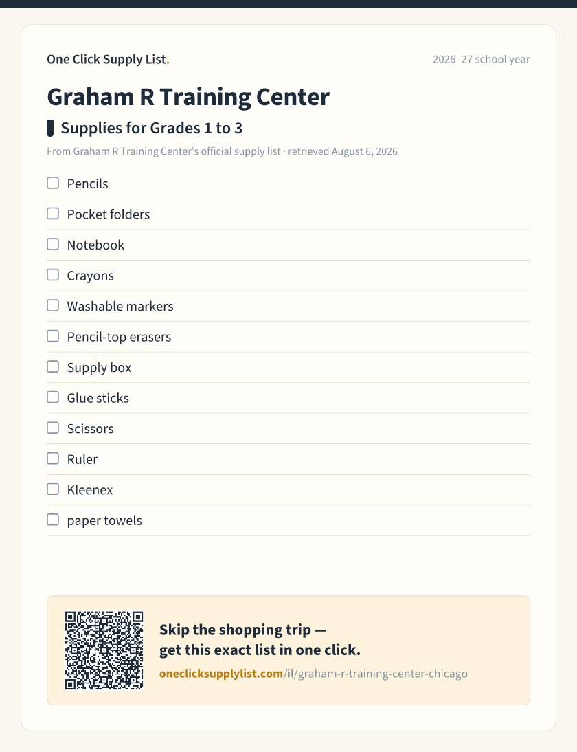Graham  R Training Center Supplies for Grades 1 to 3 supply list — printable image