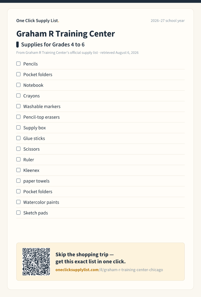 Graham  R Training Center Supplies for Grades 4 to 6 supply list — printable image