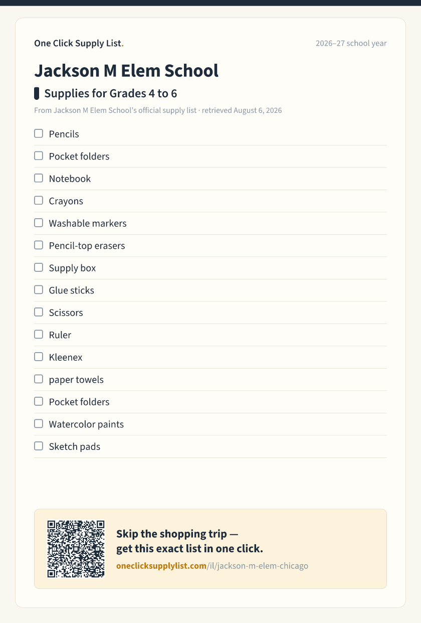 Jackson M Elem School Supplies for Grades 4 to 6 supply list — printable image