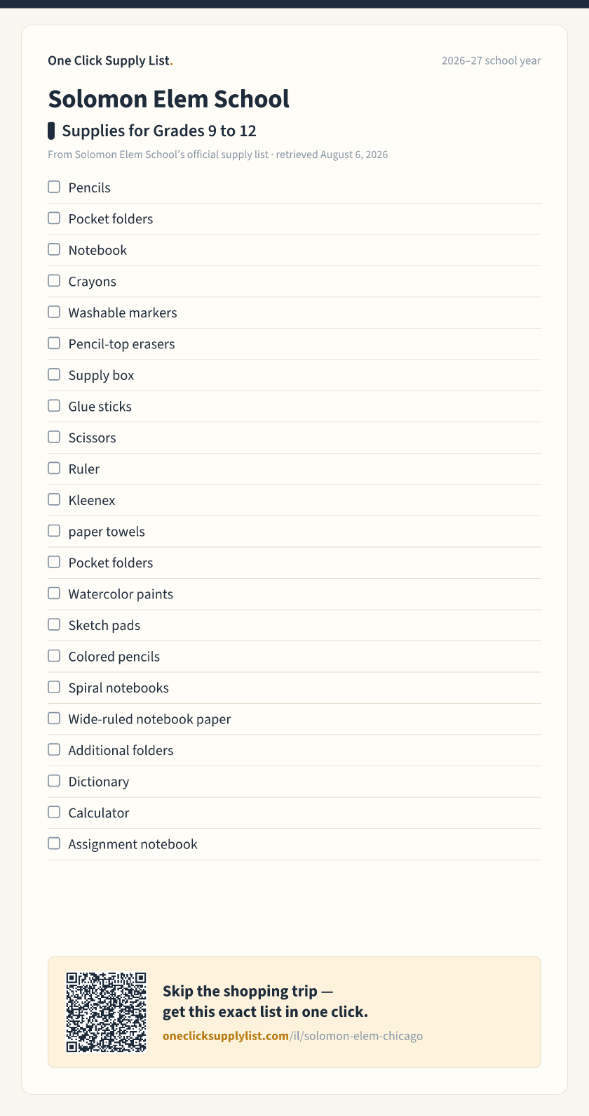 Solomon Elem School Supplies for Grades 9 to 12 supply list — printable image