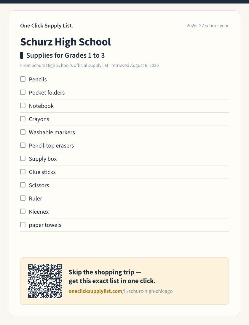 Schurz High School Supplies for Grades 1 to 3 supply list — printable image