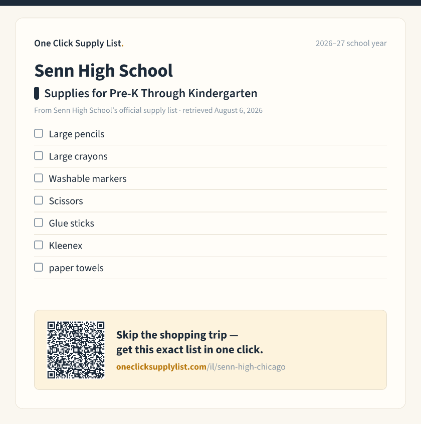 Senn High School Supplies for Pre-K Through Kindergarten supply list — printable image