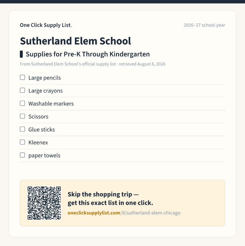 Sutherland Elem School Supplies for Pre-K Through Kindergarten supply list — printable image