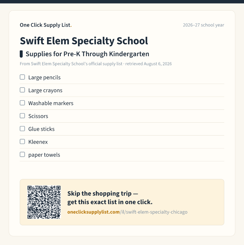 Swift Elem Specialty School Supplies for Pre-K Through Kindergarten supply list — printable image