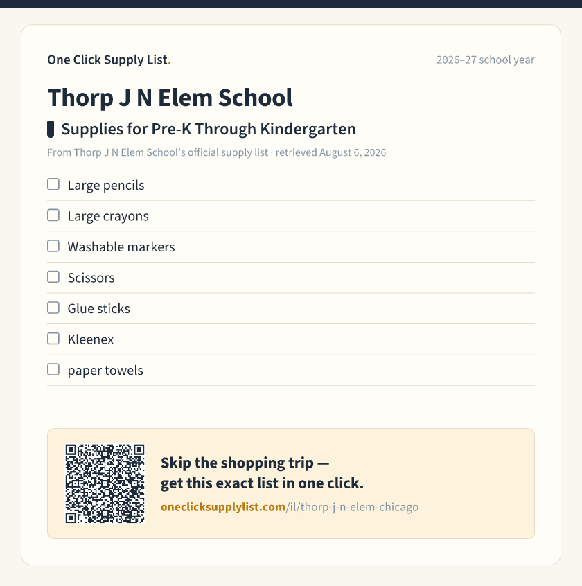 Thorp J N Elem School Supplies for Pre-K Through Kindergarten supply list — printable image