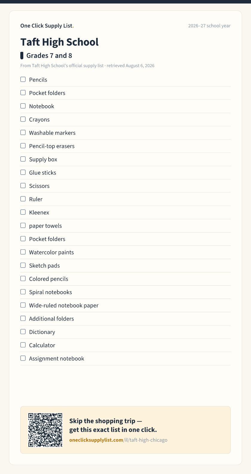 Taft High School Grades 7 and 8 supply list — printable image