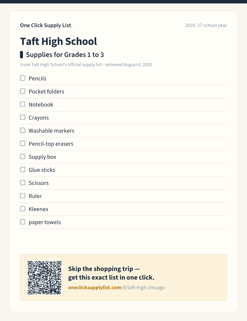 Taft High School Supplies for Grades 1 to 3 supply list — printable image