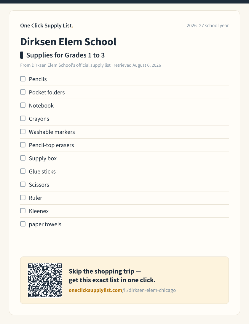 Dirksen Elem School Supplies for Grades 1 to 3 supply list — printable image