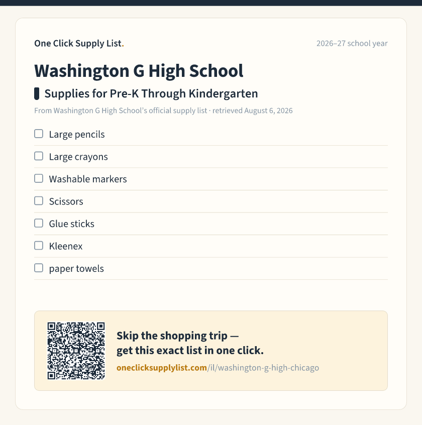 Washington G High School Supplies for Pre-K Through Kindergarten supply list — printable image