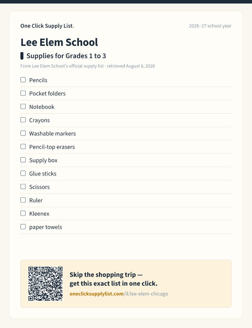 Lee Elem School Supplies for Grades 1 to 3 supply list — printable image