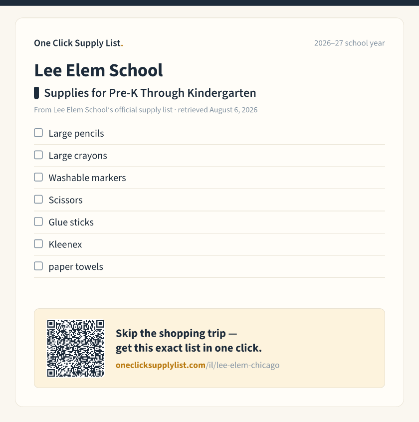 Lee Elem School Supplies for Pre-K Through Kindergarten supply list — printable image