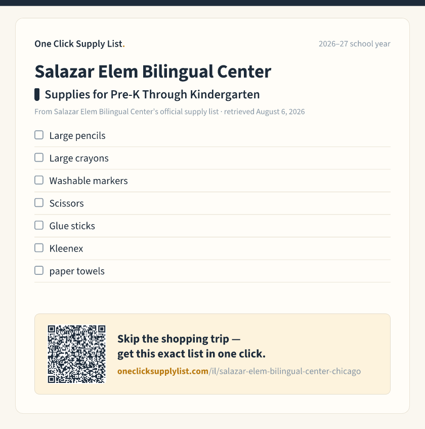 Salazar Elem Bilingual Center Supplies for Pre-K Through Kindergarten supply list — printable image