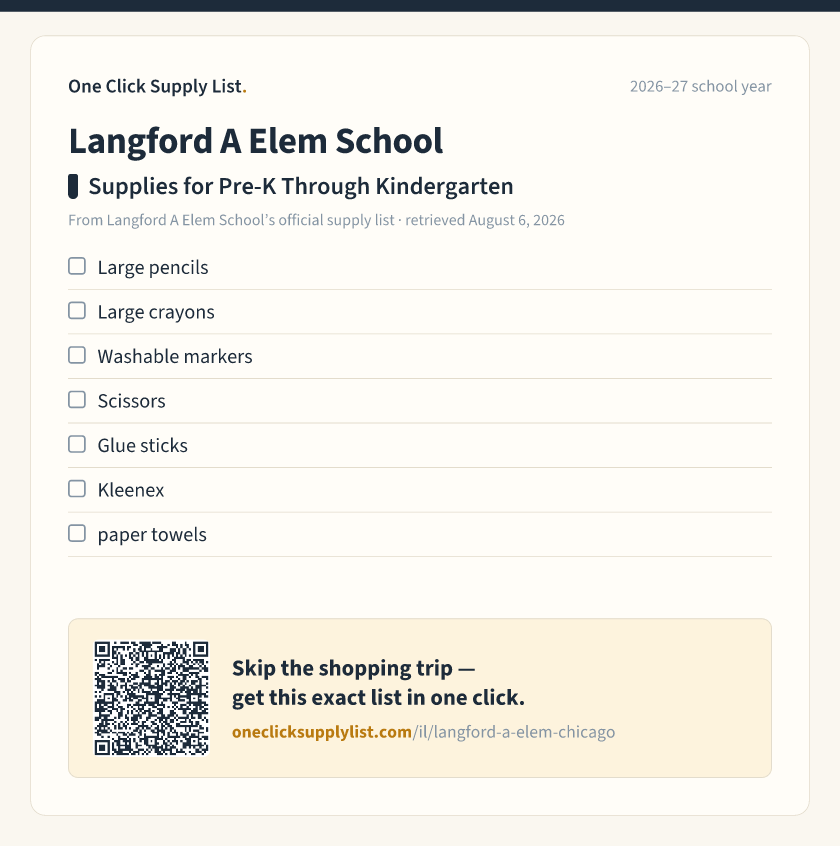 Langford A Elem School Supplies for Pre-K Through Kindergarten supply list — printable image