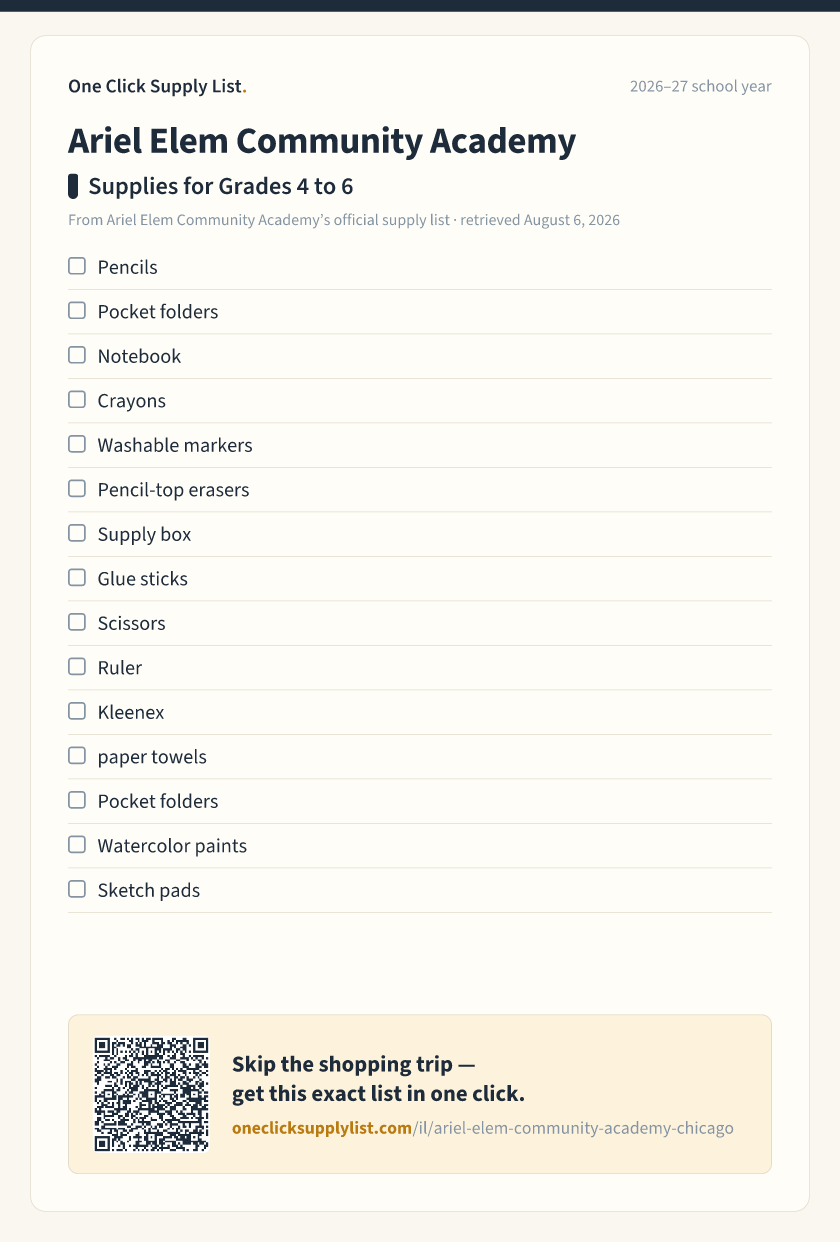 Ariel Elem Community Academy Supplies for Grades 4 to 6 supply list — printable image
