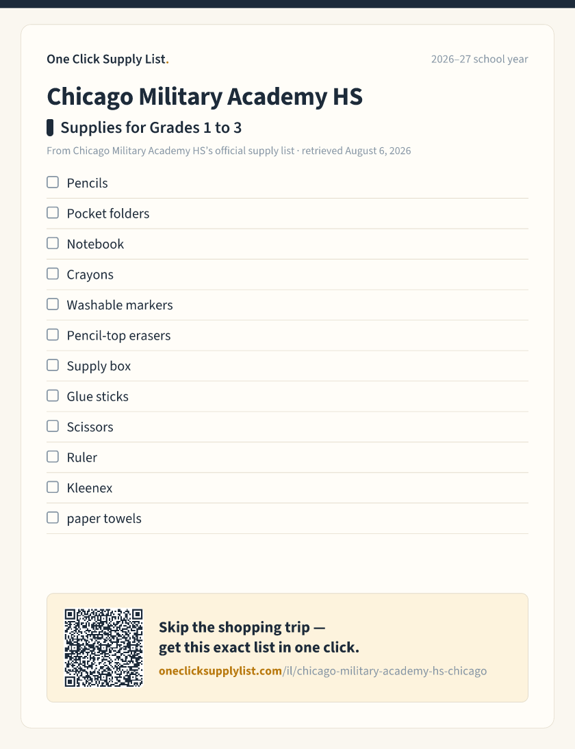 Chicago Military Academy HS Supplies for Grades 1 to 3 supply list — printable image