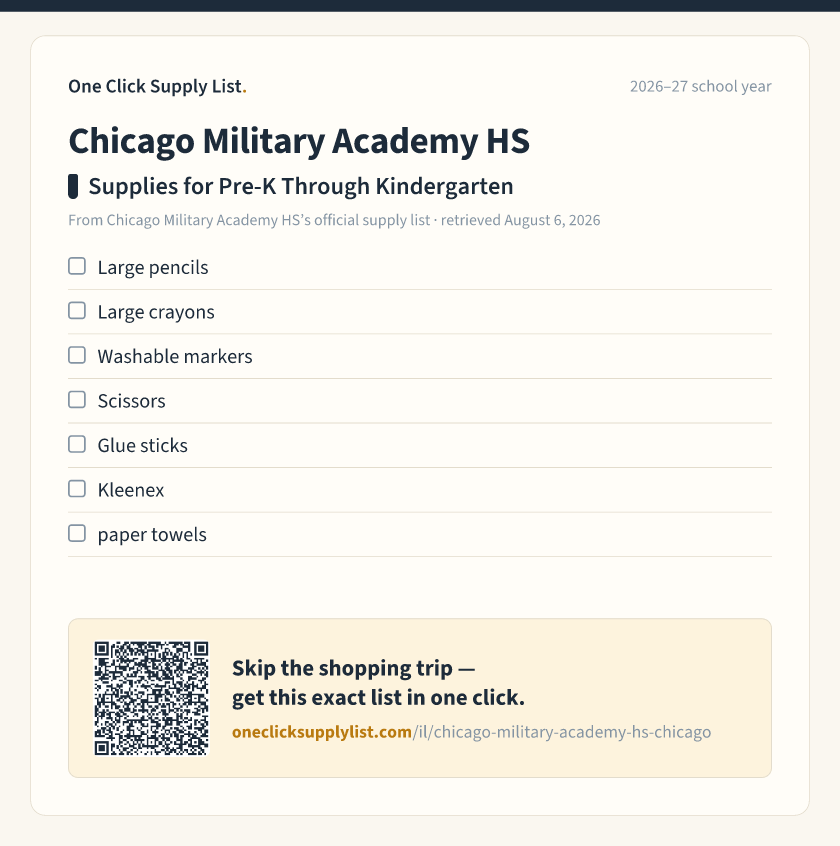 Chicago Military Academy HS Supplies for Pre-K Through Kindergarten supply list — printable image