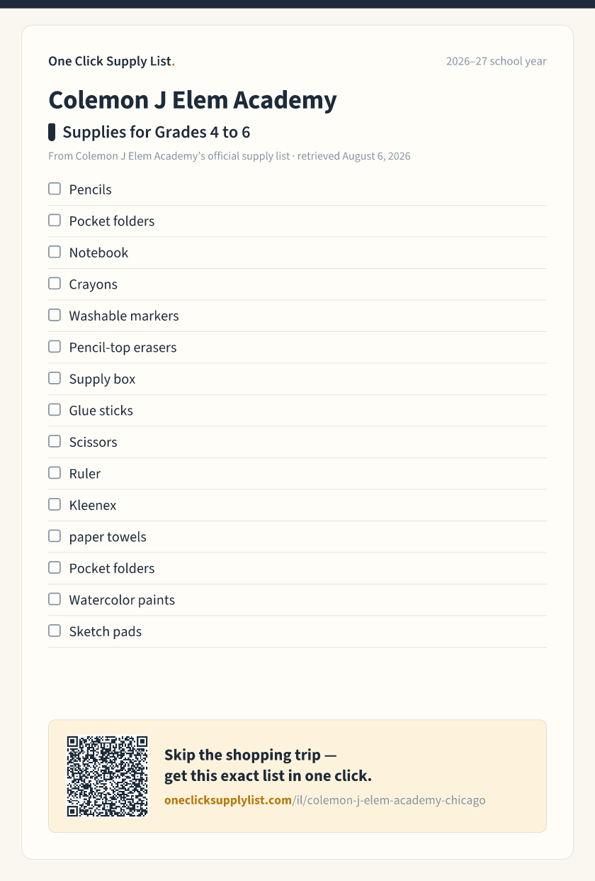 Colemon J Elem Academy Supplies for Grades 4 to 6 supply list — printable image