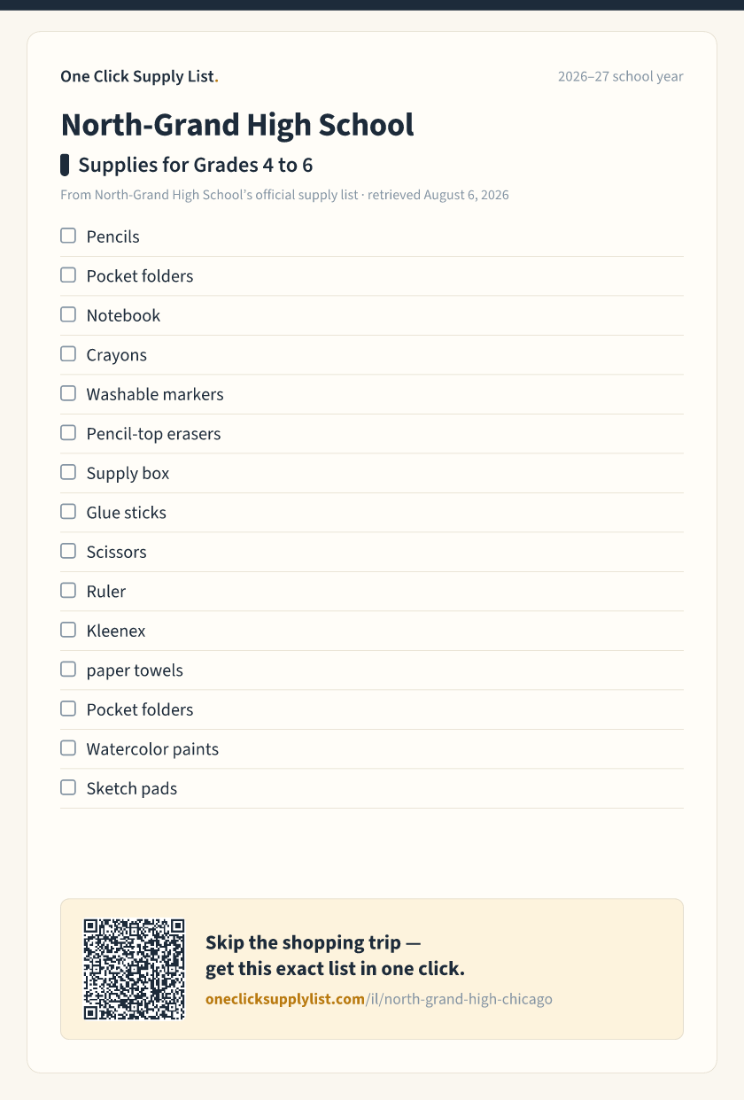 North-Grand High School Supplies for Grades 4 to 6 supply list — printable image
