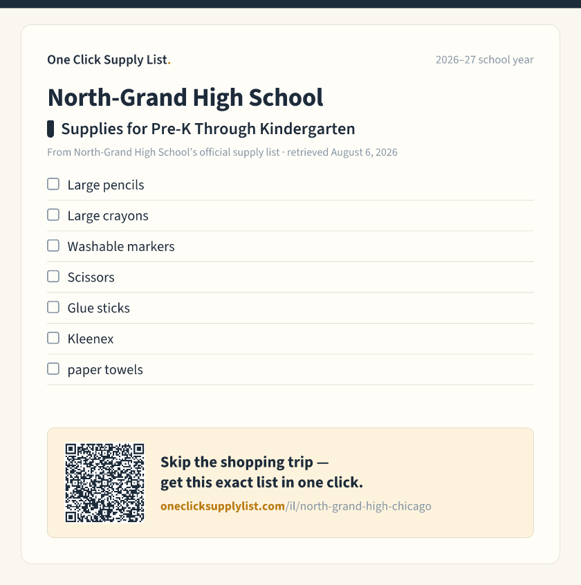 North-Grand High School Supplies for Pre-K Through Kindergarten supply list — printable image