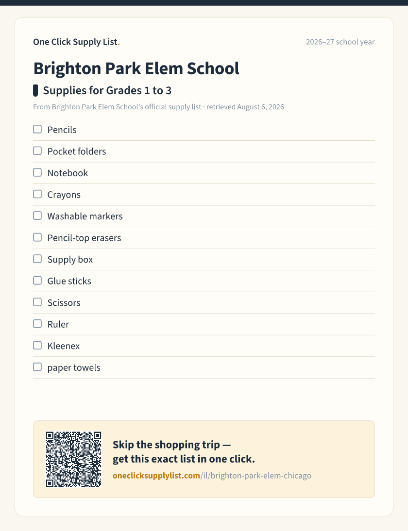Brighton Park Elem School Supplies for Grades 1 to 3 supply list — printable image