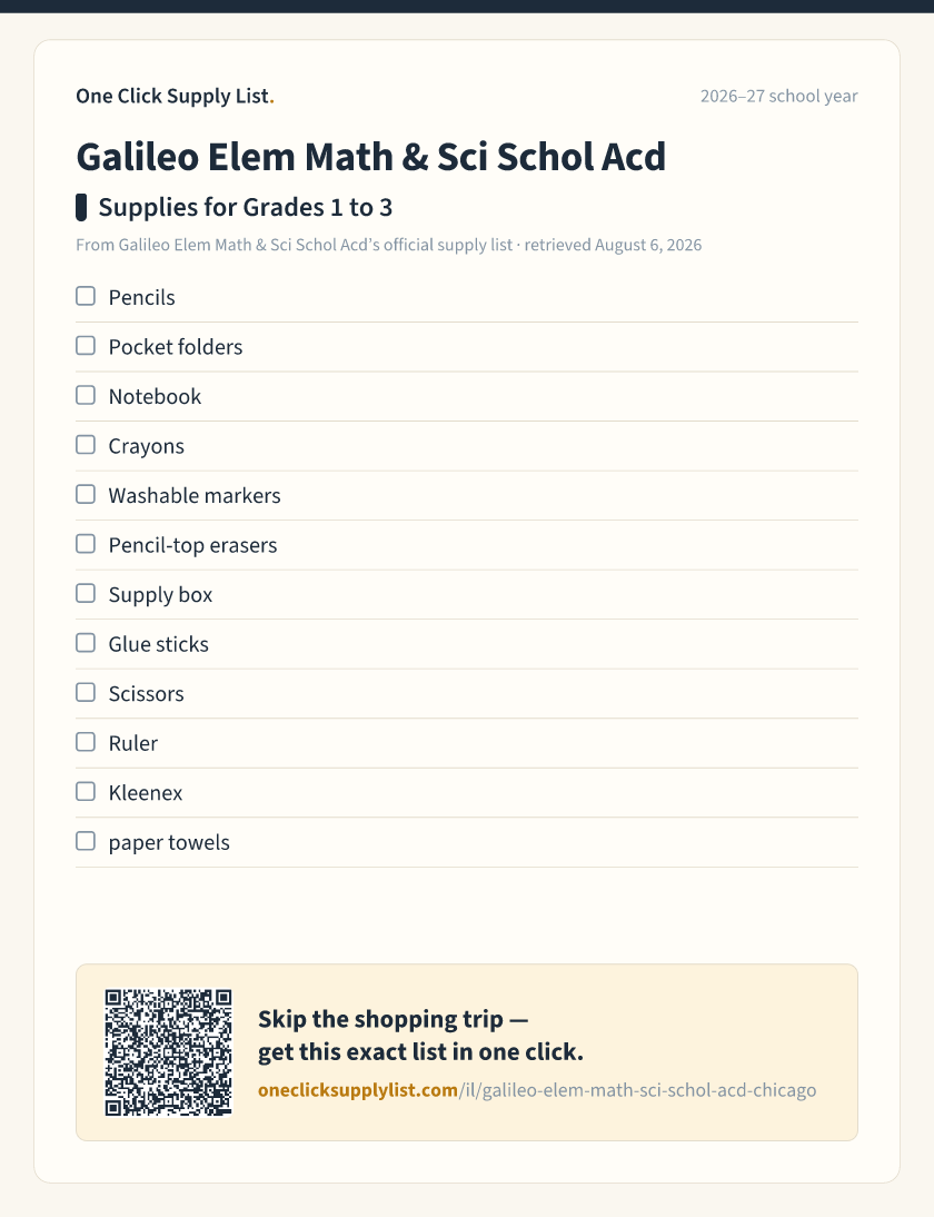 Galileo Elem Math & Sci Schol Acd Supplies for Grades 1 to 3 supply list — printable image