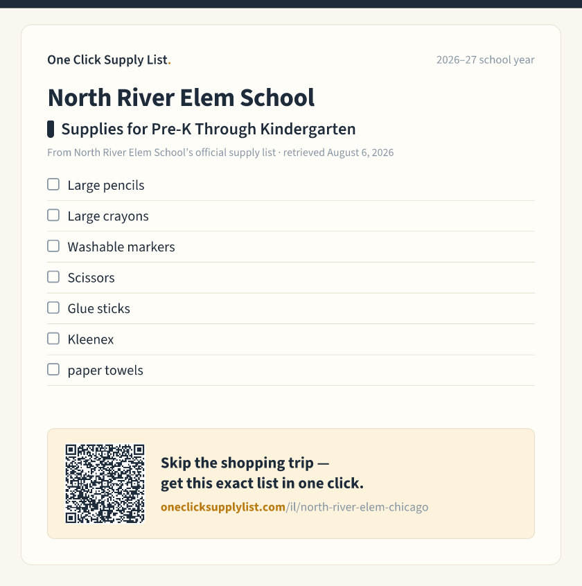 North River Elem School Supplies for Pre-K Through Kindergarten supply list — printable image