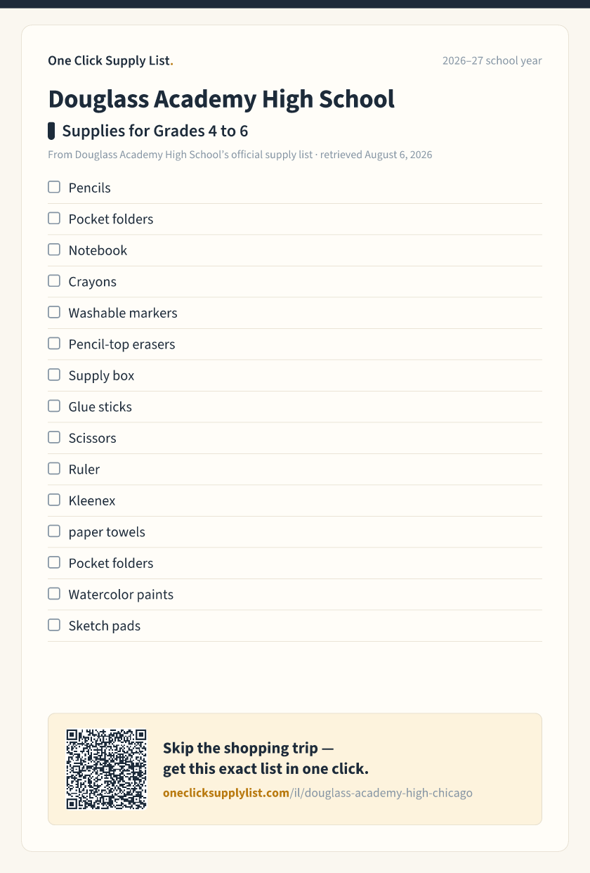 Douglass Academy High School Supplies for Grades 4 to 6 supply list — printable image